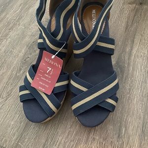 Wedge heels - navy/beige striped